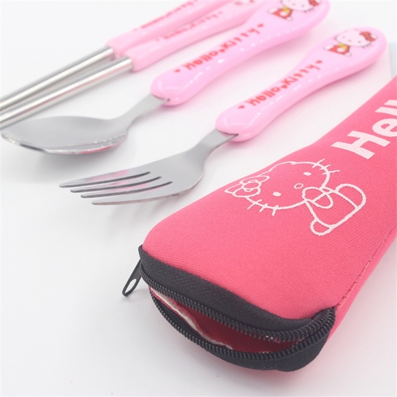 5 pcs Hello Kitty Lunch Utensils Chopsticks Fork Spoon Set Case Travel Bag Pouch - Picture 6 of 6